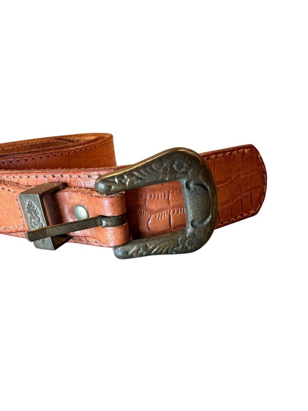 Fiorucci Italy Leather Double Strap Belt Vintage Embossed Brass Floral Accents